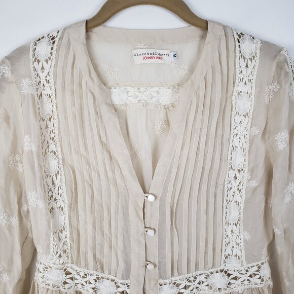 Johnny Was 4 Love and Liberty Ivory Silk Boho Babydoll Top Embroidered Size XS - Picture 3 of 9